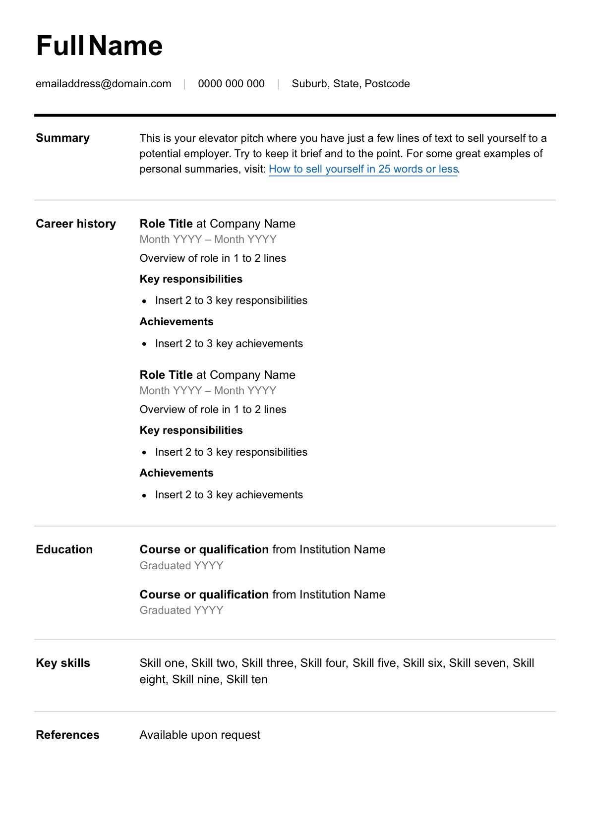 Free resume template - SEEK Career Advice Throughout Free Blank Cv Template Download