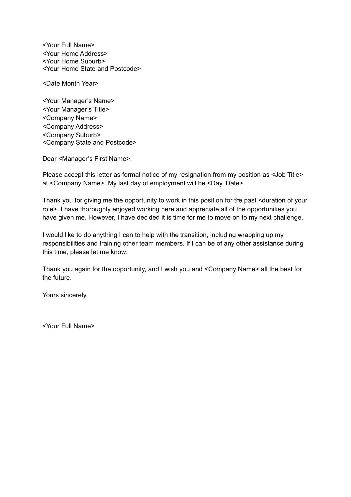 Download SEEK's free standard resignation letter template